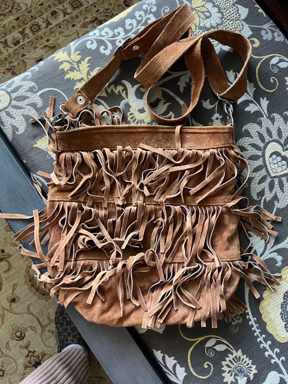 Fringed Suede Crossbody Bag in Tan